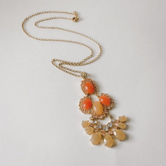 J. Crew Orange Rhinestone Pendant Gold Necklace - Picture 2 of 8